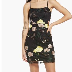 Lulus-Embroidered Sequin Floral Bodycon Mini Dress-New-L-Garden Party-Wedding